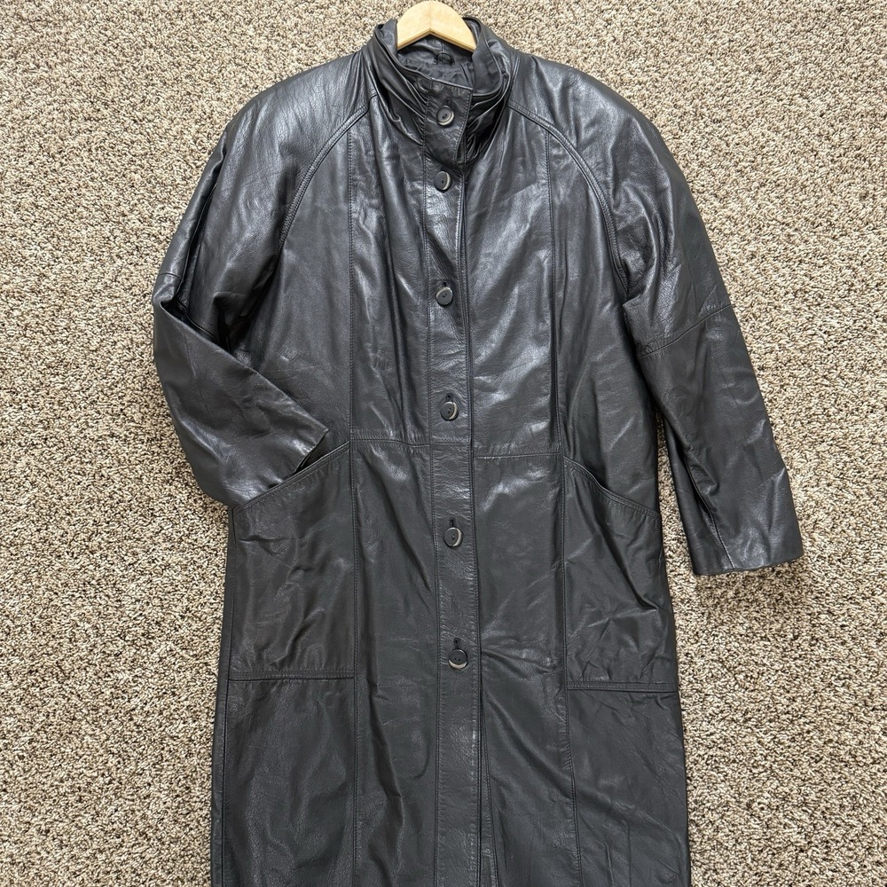 Pelle New York Milano M Black Leather‎ Coat Collar Longline Button Trench VTG